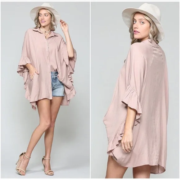 034 solid Oversized Button up Pocket Ruffle Sleeve Blouse - Picture 7 of 7